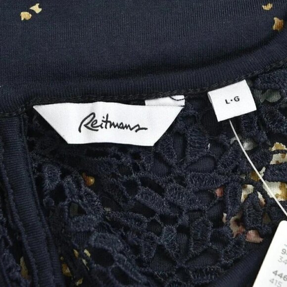 NWT Reitman's Elastic Waist Printed Dress With Crochet Inserts Navy Blue Large - Picture 9 of 13